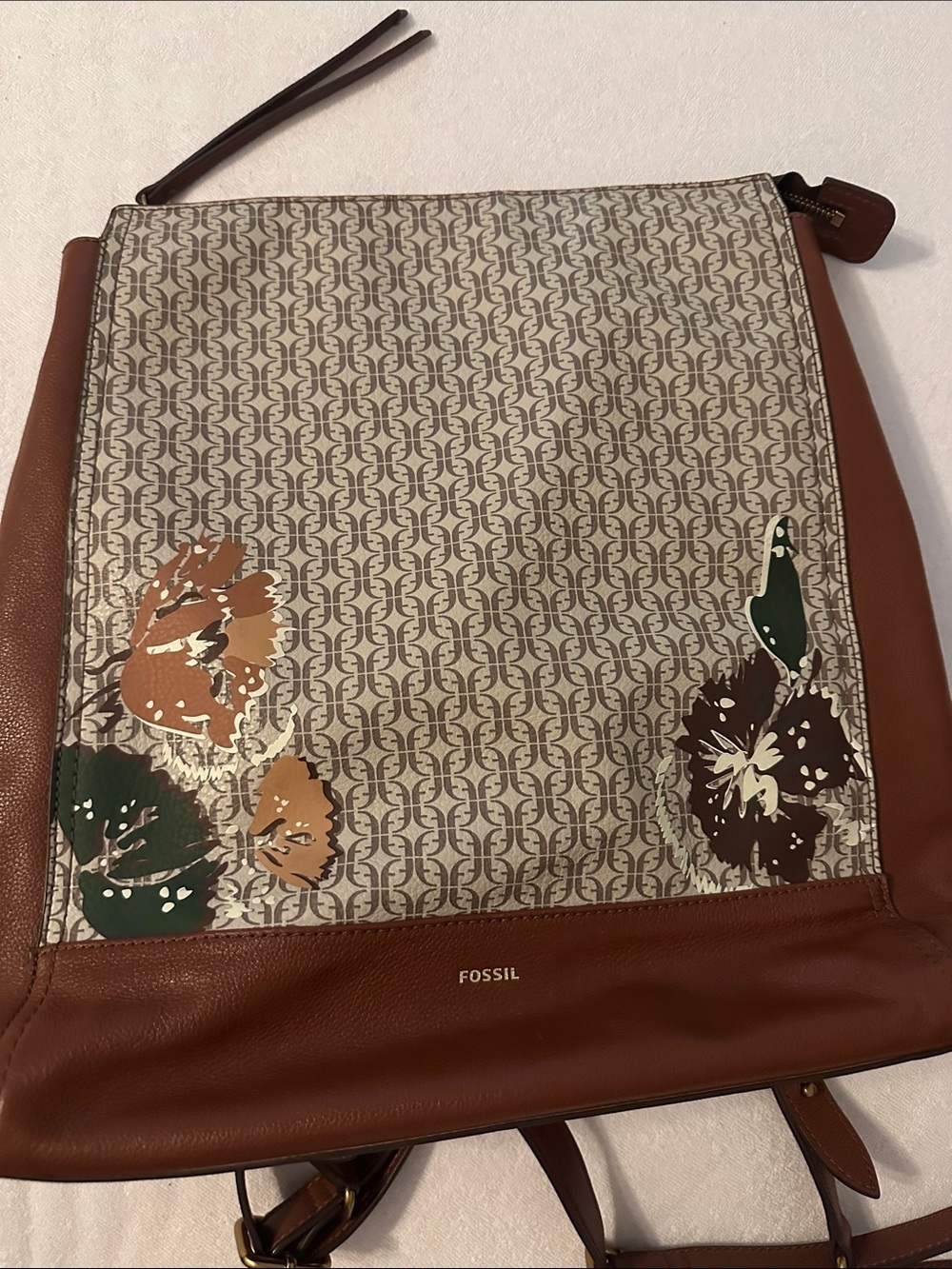Fossil Elina Large Convertible Backpack Tan Floral Handbag Purse